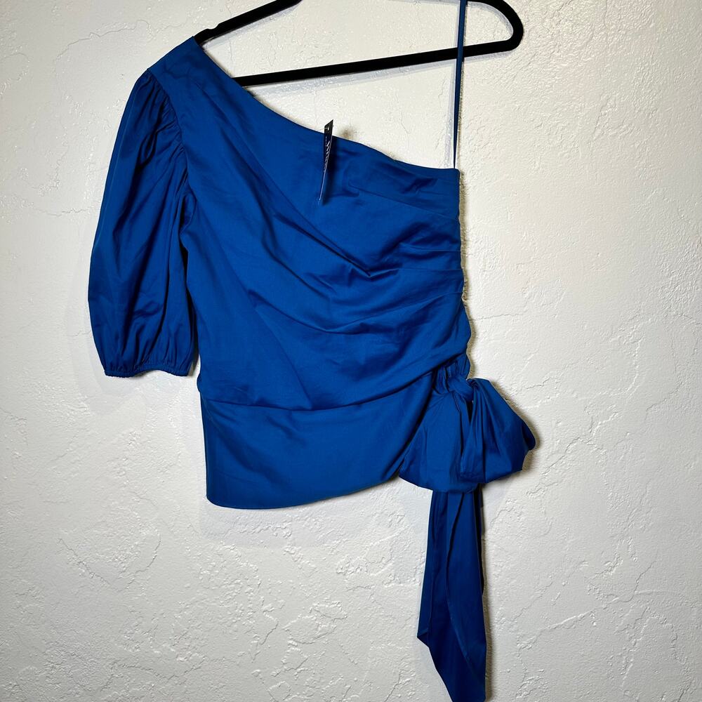 NWT WHBM Size 10 Blouse Asymmetrical Bow Royal Blue Side Ruching Puff Sleeve8